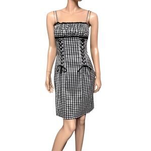 Betsey Johnson Vintage Y2K Gingham Plaid Lace Up Dress Size 6 Crochet details